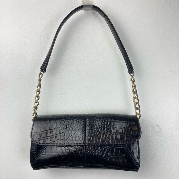 Vintage Y2K Mini Satchel Shoulder Bag Black Alligator Print Brass Chain Vegan - Picture 1 of 11